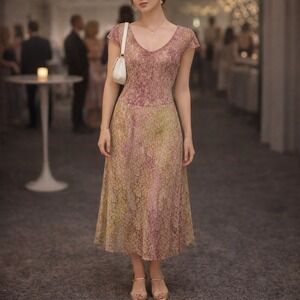 Meridow Size M A-Line Midi Dress Pastel Pink Green Lace Fairy Cap Sleeve Floral